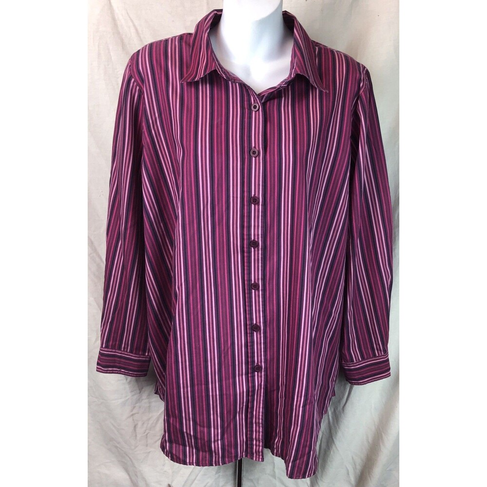 Roamans Top L Plus Pink/purple Stripe Button Up Long Sleeve Office Preppy Career